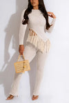 Asymmetric Fringe Top and Fitted Pant Set - Sets