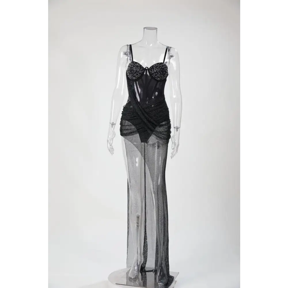 Asymmetrical Wrap Around Rhinestone Bodysuit Maxi Dress (S