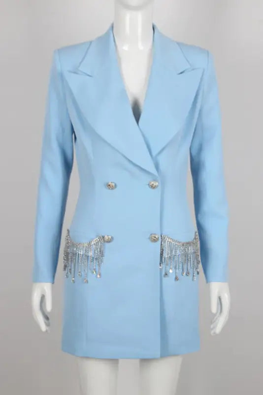 Baby Blue Rhinestone Tassel Decor Blazer /Dress - Blazers