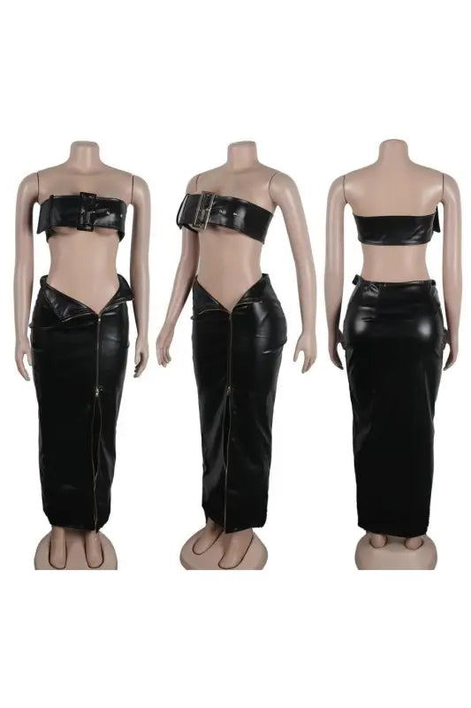 Barely There PU Buckle Tube Top and Maxi Skirt Set - Sets