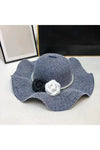 Beach Wave Flower Pearl Band Foldable Straw Hat - Blue