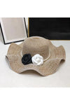 Beach Wave Flower Pearl Band Foldable Straw Hat - Hats