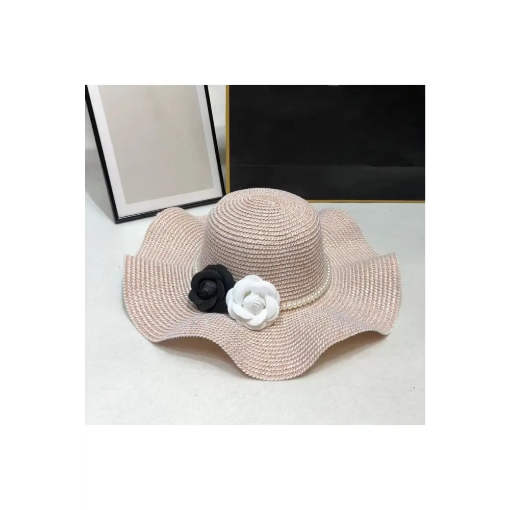 Beach Wave Flower Pearl Band Foldable Straw Hat - Pink