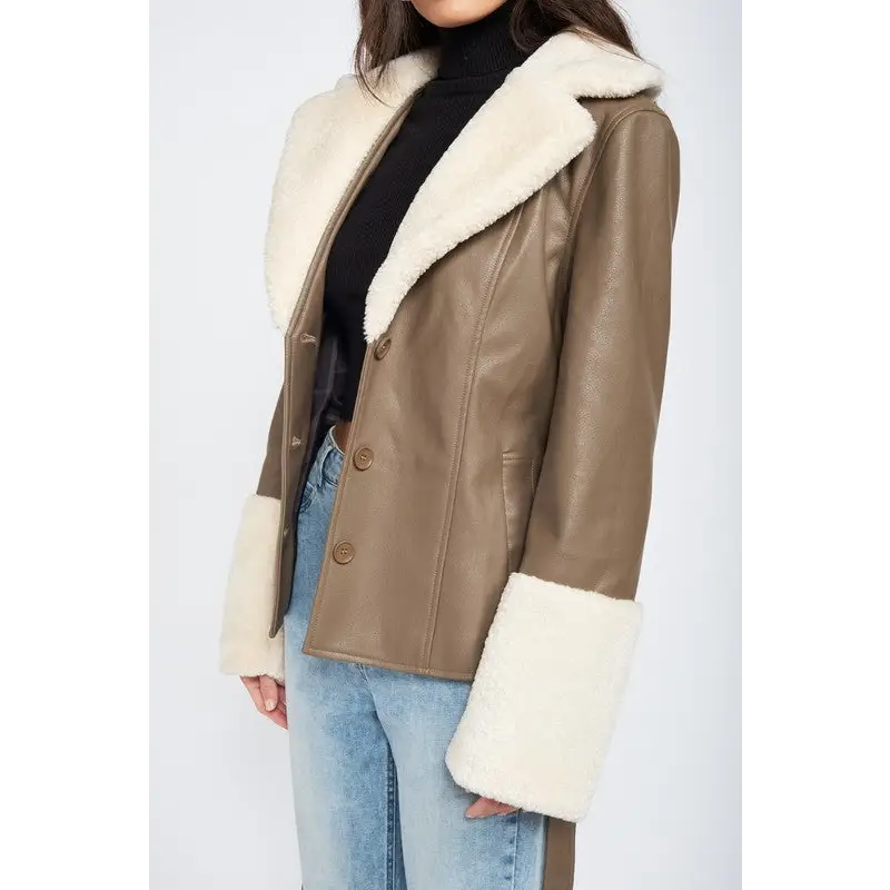 Belted Faux Shearling Trimmed Jacket - PU Leather Jackets