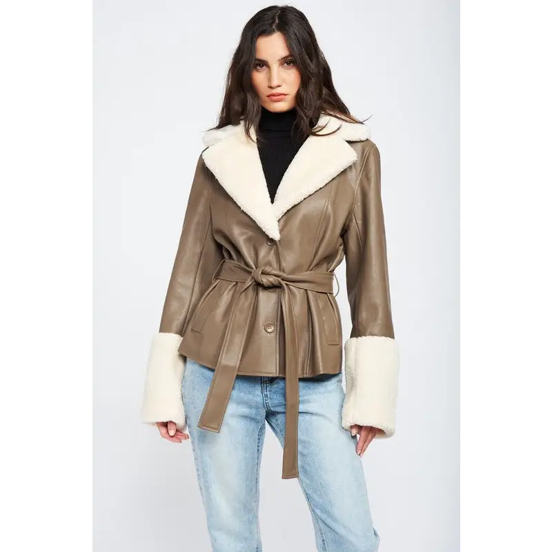 Belted Faux Shearling Trimmed Jacket - S / Taupe - PU