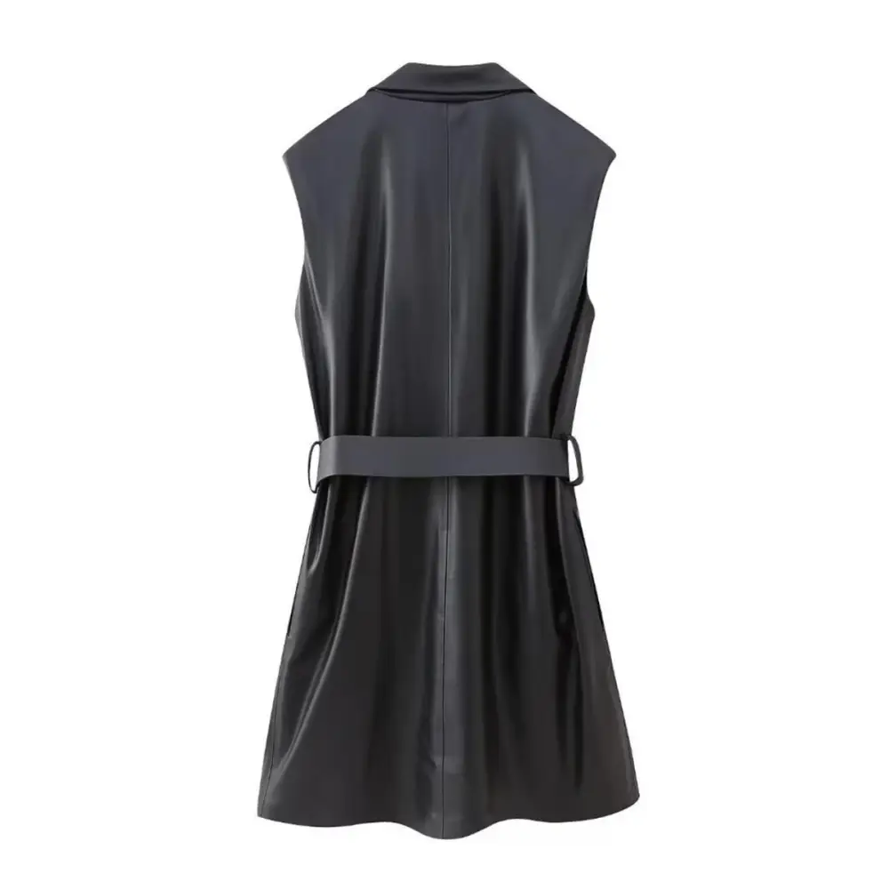 Belted Sleeveless PU Leather Mini Dress - Blazer Dresses