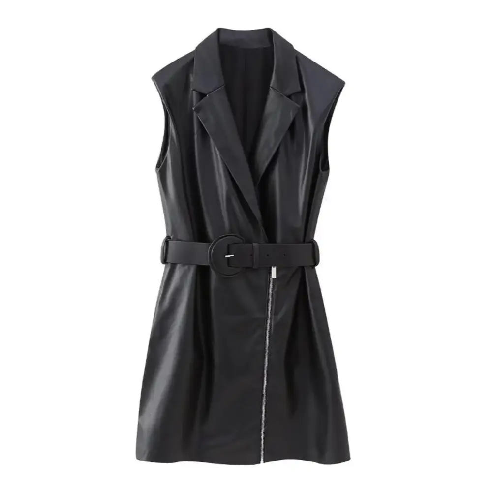 Belted Sleeveless PU Leather Mini Dress - XS / Black