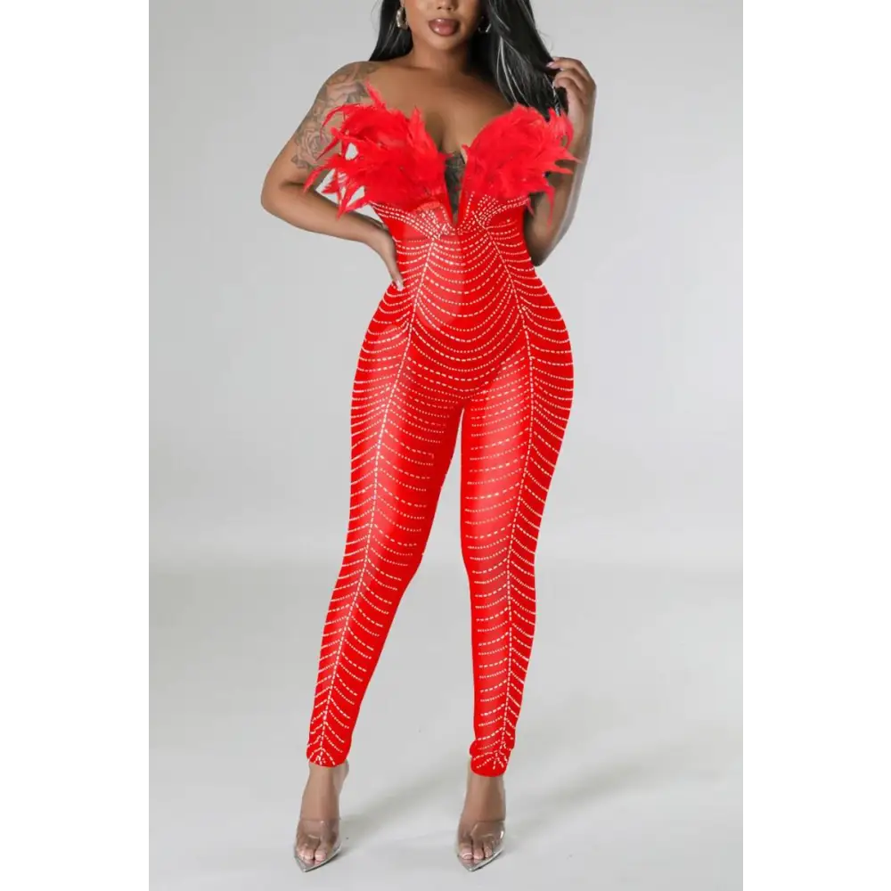 Birds Of A Feather Strapless Mesh Jumpsuit - S / Red