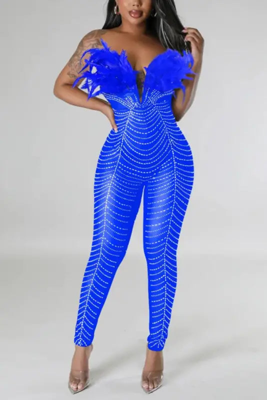 Birds Of A Feather Strapless Mesh Jumpsuit - S / Royal Blue