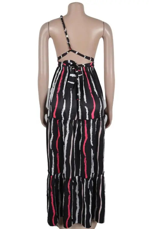 Black Stripe Print One Shoulder Backless Maxi Dress (S-3XL)