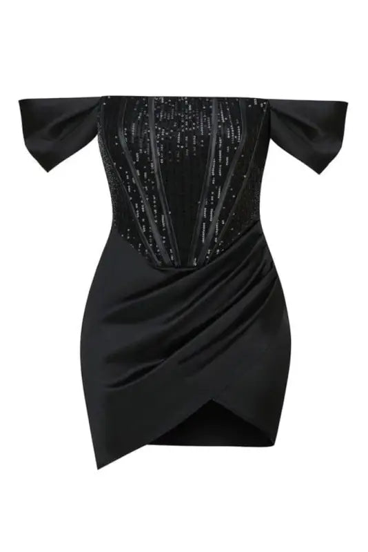 Blazing Beauty Draped Shoulder Silky Sequin Bodycon Mini