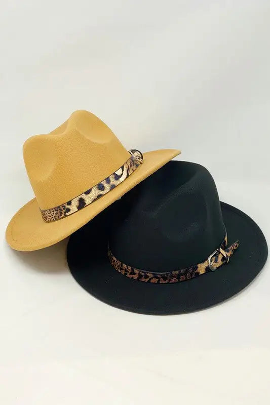 Buckle Leopard Band Fedora Hat - Hats