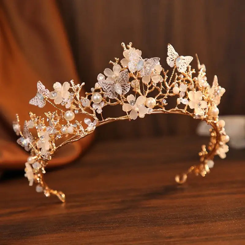 Butterfly Pearl Alloy Crown Headband - Gold - Rhinestone