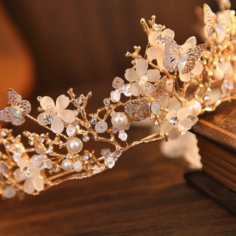 Butterfly Pearl Alloy Crown Headband - Gold - Rhinestone