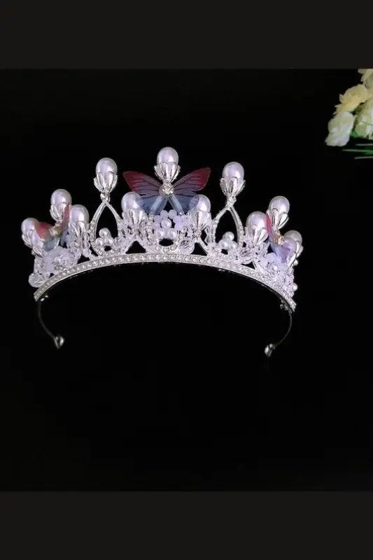 Butterfly Rhinestone Crown Headband - Silver - Headbands