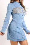 Button Down Mini Denim Dress With Rhinestone Fringe Bust