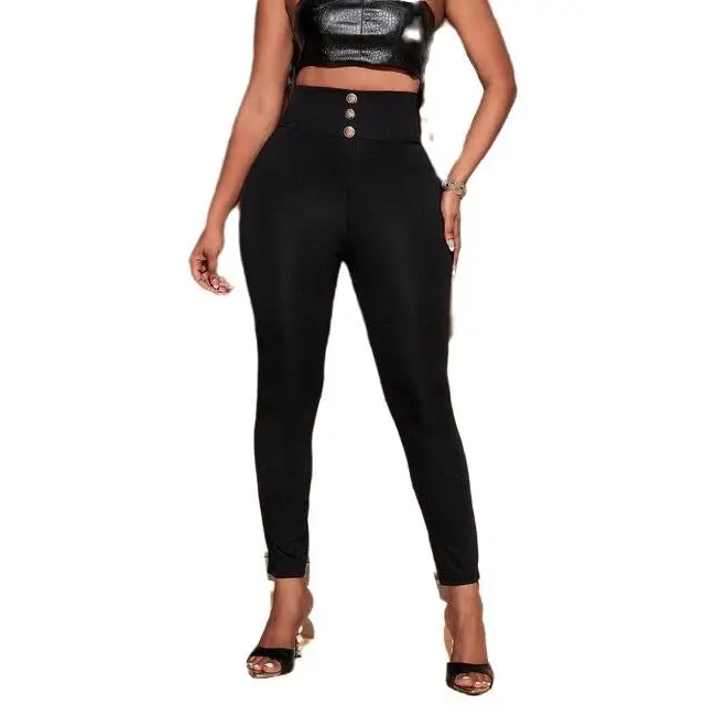 Buttoned High Waist Skinny Pants - Black / S - Casual