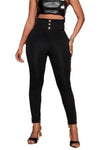 Buttoned High Waist Skinny Pants - S / Black - Casual