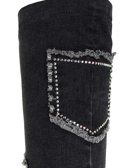 Eilish Rhinestones Knee High Denim Boots