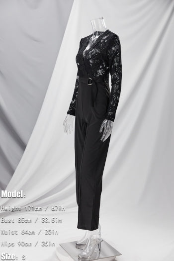 Plus Size Lace Patchwork Long Sleeve Pant Set With Belt