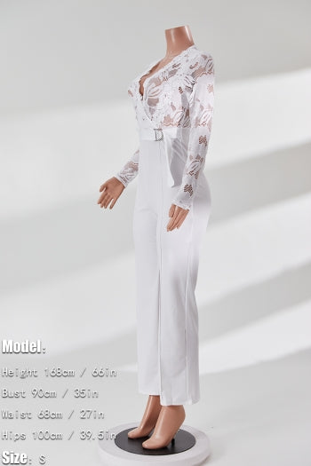 Plus Size Lace Patchwork Long Sleeve Pant Set With Belt