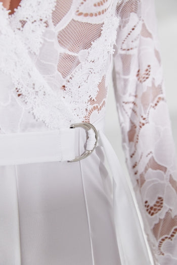 Plus Size Lace Patchwork Long Sleeve Pant Set With Belt