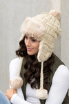 Cable Weave Pom Trapper Hat - Beige - Aviator Hats