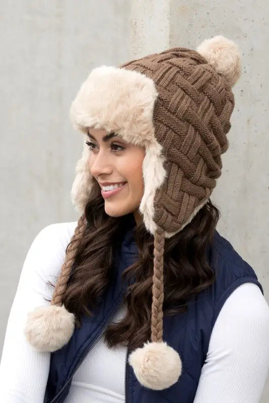 Cable Weave Pom Trapper Hat - Taupe - Aviator Hats