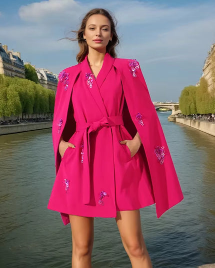 Sequined Belted Cape Mini Dress