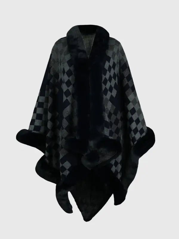 Checkered Faux Fur Trim Poncho - One Size / Charcoal