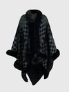 Checkered Faux Fur Trim Poncho - One Size / Charcoal