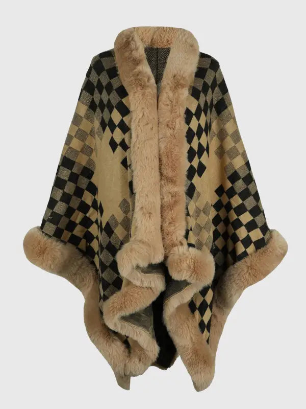 Checkered Faux Fur Trim Poncho - One Size / Khaki - Ponchos