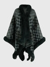 Checkered Faux Fur Trim Poncho - One Size / Sage Green