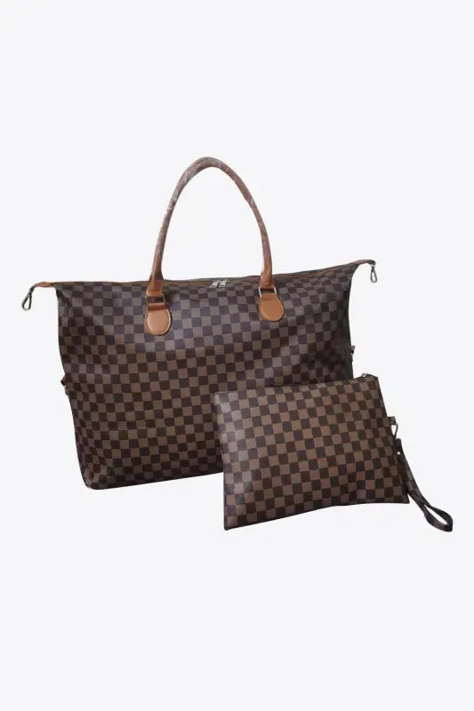 Checkered PU Leather Tote Two-Piece Bag Set - Chestnut