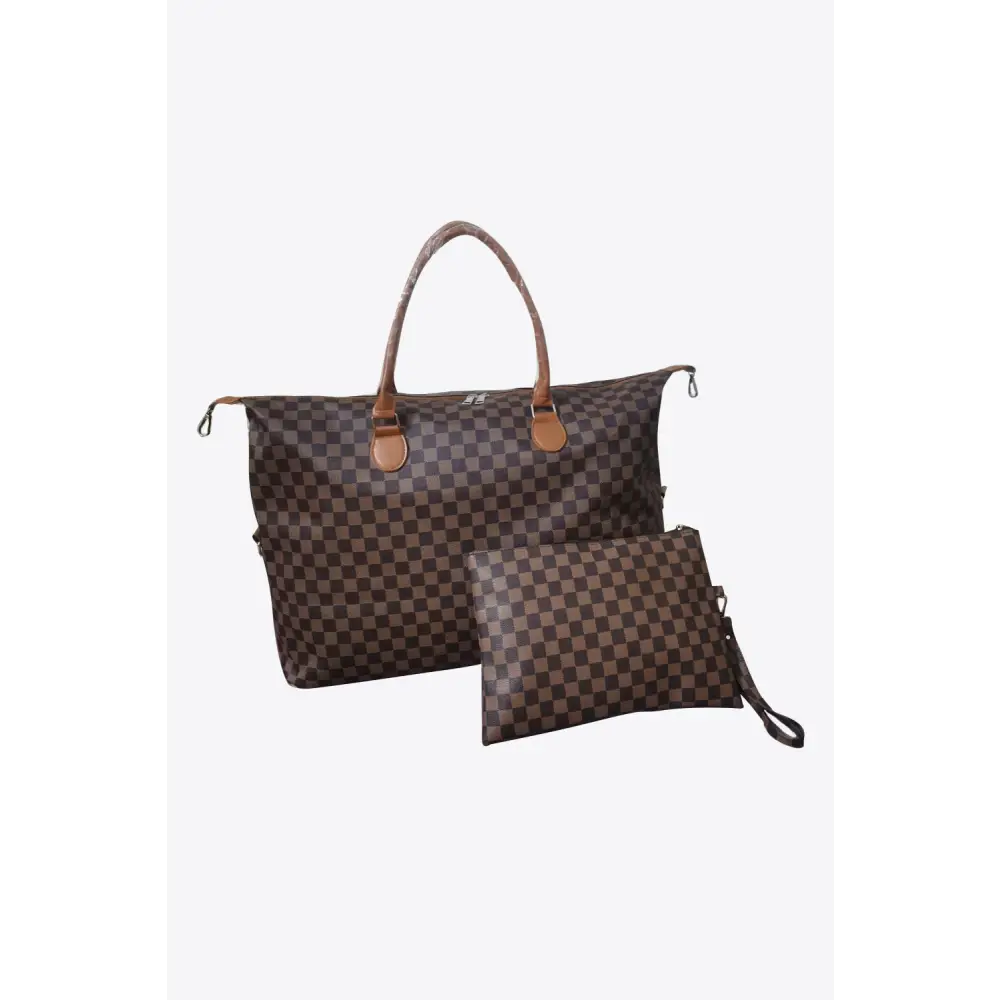Checkered PU Leather Tote Two-Piece Bag Set - Chestnut