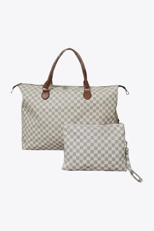 Checkered PU Leather Tote Two-Piece Bag Set - Ivory