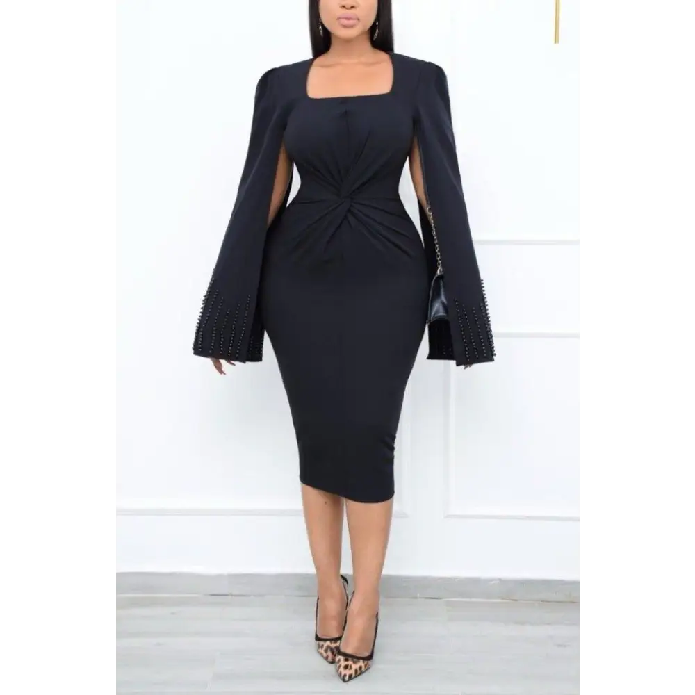 Classy Cape Sleeve Midi Dress With Pearl Details - S