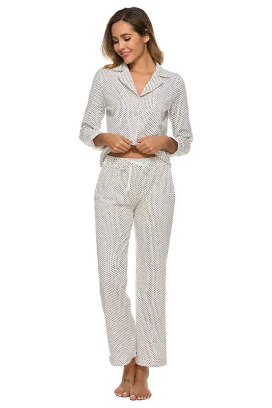 Collared Neck Loungewear Set with Pocket(S-2XL) - Pajama