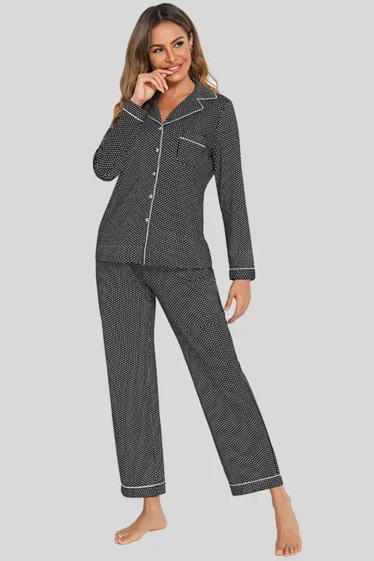 Collared Neck Loungewear Set with Pocket(S-2XL) - S / Black