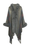 Color Block Fringe Detail Poncho - One Size / Charcoal