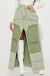Color Block Front Slit Maxi Skirt - S / Green - Denim Skirts