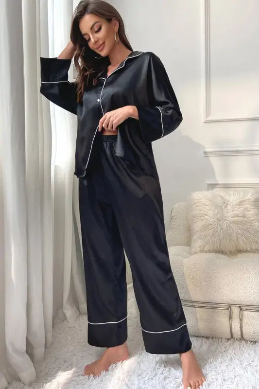 Contrast Piping Button-Up Top and Pants Pajama Set - Pant