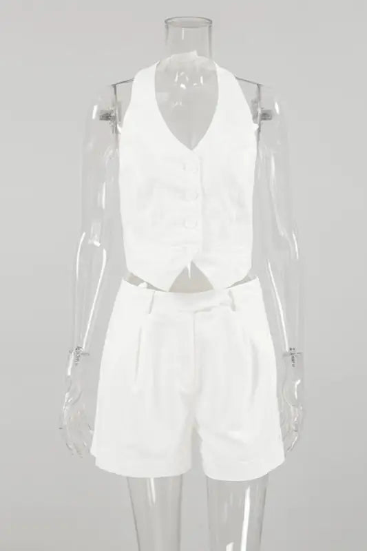 Cotton Halter Neck Backless Crop Vest Short Set - Sets