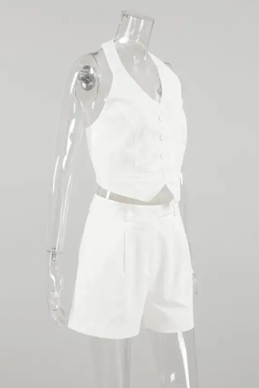 Cotton Halter Neck Backless Crop Vest Short Set - Sets