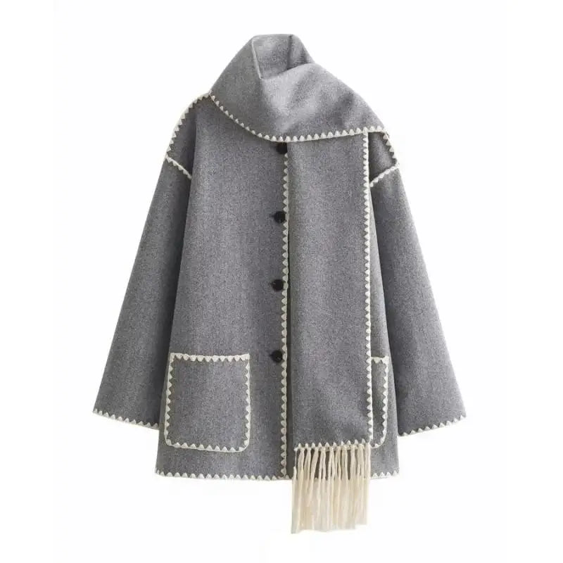 Cowl Collar Scarf Wrap Coat - XS / Gray - Mid Length Coats