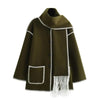 Cowl Collar Scarf Wrap Coat - XS / Olive - Mid Length Coats