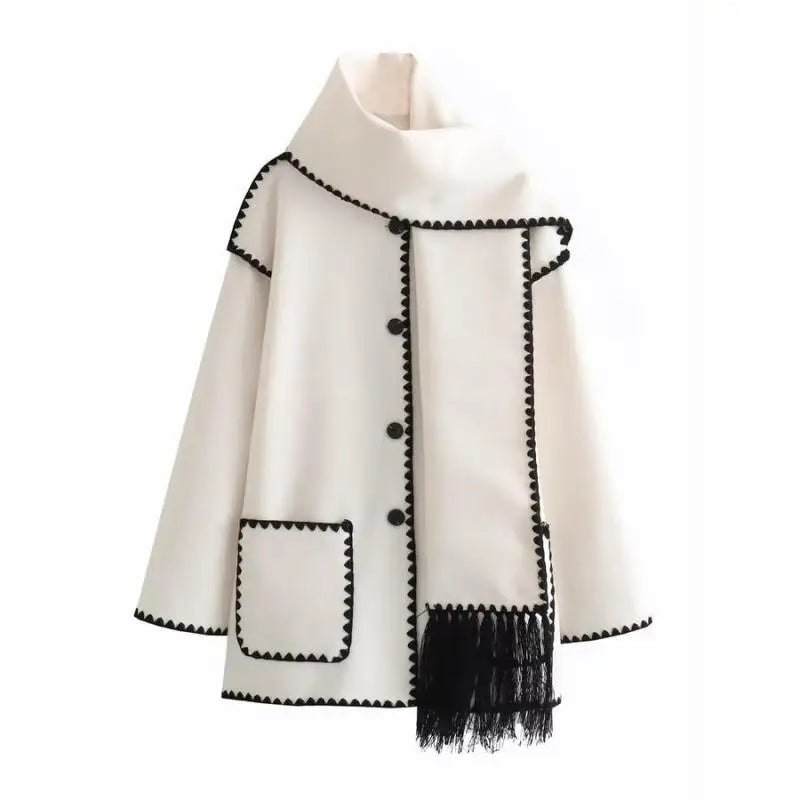 Cowl Collar Scarf Wrap Coat - XS / White - Mid Length Coats