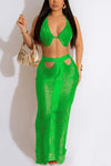 Crochet Cutout Tassel Beach Maxi Skirt Set - S / Green