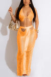 Crochet Cutout Tassel Beach Maxi Skirt Set - S / Orange