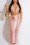 Crochet Cutout Tassel Beach Maxi Skirt Set - S / Pink